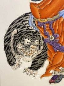 旧藏【招財進寶 财神赵公明】红木镶贝壳镶瓷板粉彩人物画挂屏，尺寸:高73厘米/宽49厘米，全品完整、实拍如图！ ​