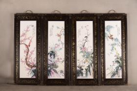 红木包铜皮框镶粉彩花鸟瓷板画挂屏一组《梅兰竹菊》m