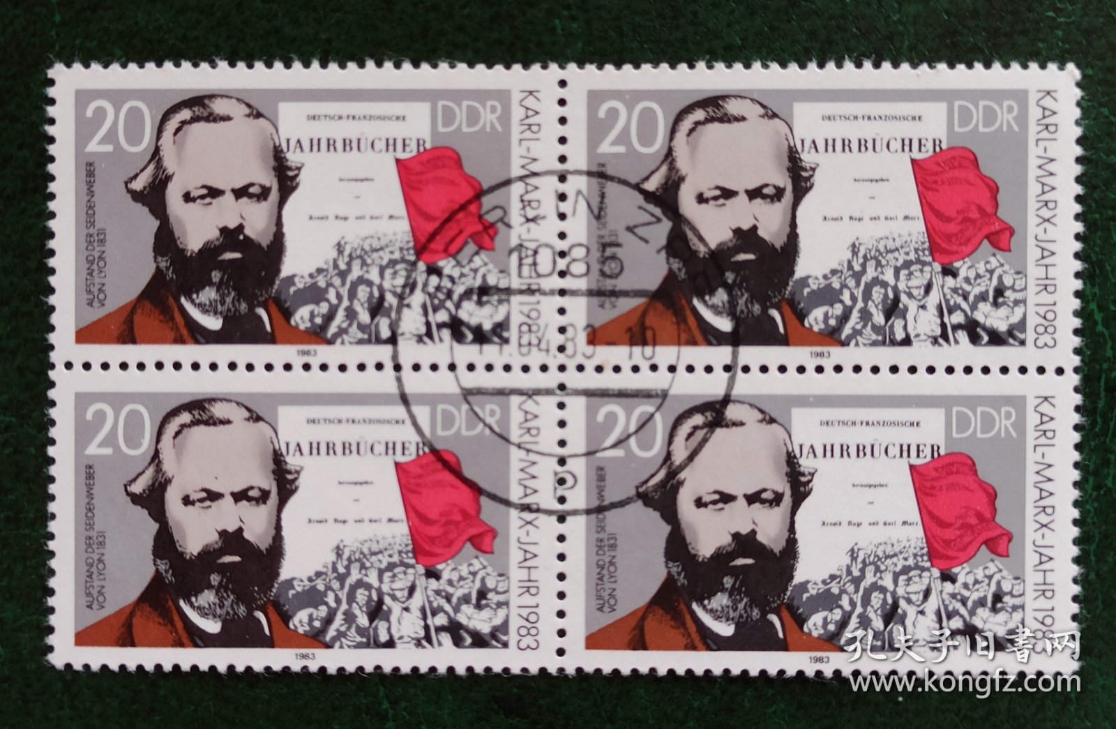 东德1983年发行的马克思百年邮票四方联，盖销，原胶无贴，品相很好。