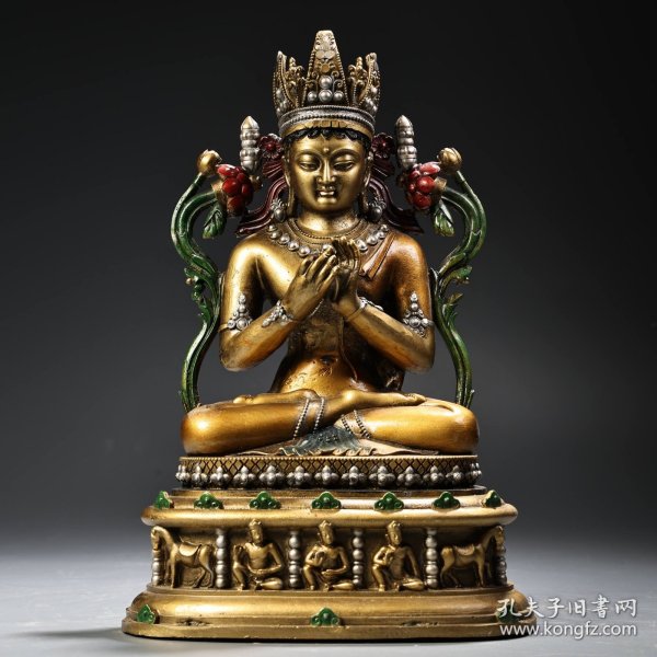 珍品旧藏收纯铜全铜高浮雕錾刻彩绘描金五方佛弥勒佛佛像一尊 工艺精湛 造像精美 重1500克 高26厘米 宽15厘米 255536