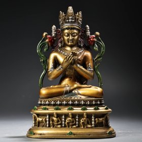 珍品旧藏收纯铜全铜高浮雕錾刻彩绘描金五方佛弥勒佛佛像一尊 工艺精湛 造像精美 重1500克 高26厘米 宽15厘米 255536