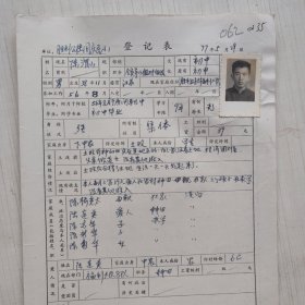 1977年登记表：陈谓山 国庆民办小学领导小组副组长 /胜利人民公社国庆大队 贴有照片