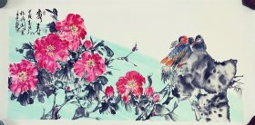 清华美院秦少圃助教，山东省美协赵建龙老师，花鸟画，赏春，牡丹，鸳鸯，写意画法，山东省美协会员赵建龙老师真人真迹纯手绘作品，本人承诺假一赔万，终身保真，支持第三方鉴定，带老师合影。老师的花鸟刻画非常漂亮，笔墨浓淡干湿焦，画的很灵动，惟妙惟肖，写意画看整个构图。尺寸：1.4米×70公分，四尺整张的，家里客厅，卧室，茶室，办公室，书房都可悬挂，很有味道的一副画。