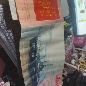 1977年年历 宣传画 有毛主席视察海军舰艇题词【横4开】