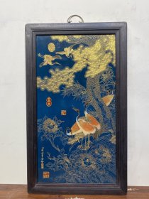 红木镶瓷板画珐琅掐丝六鹤同春挂屏 收藏佳品