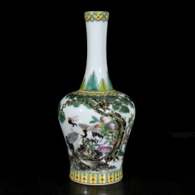 清雍正珐琅彩花鸟松鹤延年纹摇铃尊一对；25x11厘米