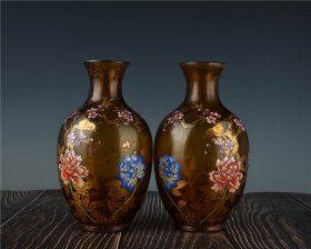 明成化御窑花鸟描金纹琉璃对瓶古董古玩古瓷器文玩艺术收藏品老物
