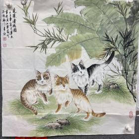 画家：薛泽民【芭蕉清幽图】3只猫
1956年2月出生于上海，江南“猫王”陈莲涛先生的入室弟子。
用笔精到，姿态传神。包老保真，按图发货。