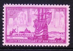 美国邮票 1953年纽约市300周年.帆船 1全 新