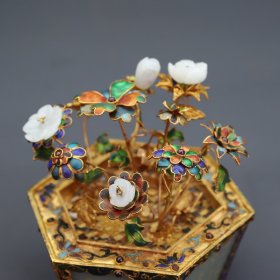 和田玉掐丝包金花盆盆景