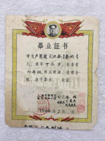 1960年上海市南市区西藏南路小学毕业证书，尺寸：22.5*19厘米，品如图，80包邮。