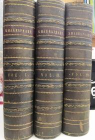 1858-1860年 The Plays of Shakespeare，《莎士比亚戏剧集》真皮精装英文原著，三卷全， 精美版画插图，三边大理石纹簪花口，书脊烫金花纹，古色古香