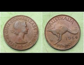 澳大利亚1964年1便士硬币 伊丽莎白二世女王青年头像铜币 袋鼠
