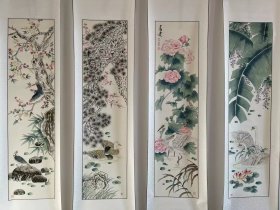 王雪涛再传弟子- 王迎春，国画四条屏，画心共16平尺，卷轴