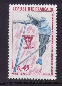 A614外国邮票法国1970体育 欧洲少年田径赛 撑杆跳 雕刻 新 1全