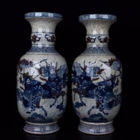 青花釉里红人物故事图纹竹节瓶一对
高42.9cm,宽19cm