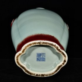 大清乾隆年制松柴烧窑变霁青霁红釉兽耳海棠尊瓶 高36.5宽18.6厘米2