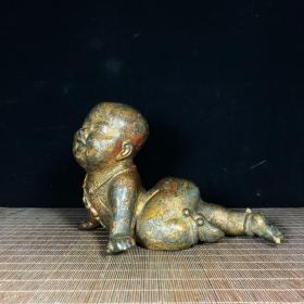 老铜胎泥金福娃金童童子，高16厘米，长25.5厘米，重1847克，