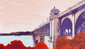 《长江大桥》小版画，周绿江，丝网印刷，带框。