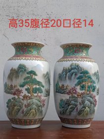 五六七瓷花瓶手绘山水图案，纯手工绘画，画工精美，品相完美，博古欣赏收藏之佳品，包真包老。