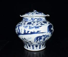 元波斯文青花萧何追韩信人物故事纹荷叶盖罐一对【36×35cm】