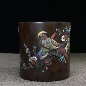 珍藏花梨木镶彩贝多宝圆笔筒，直径16.5厘米高17厘米，重1493克