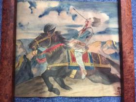 【铁牍精舍】【名家书画】【低价处理】【画1-2】1946年淦明抗战题材《马上战士》水彩画，29.5x25.5cm