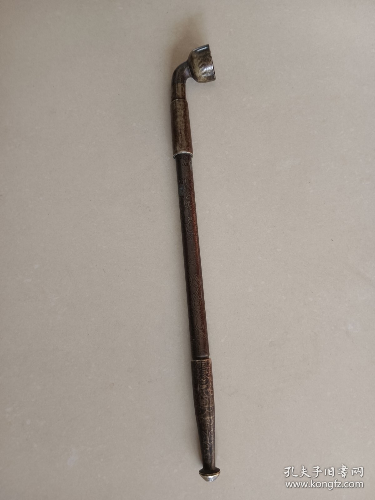 老铜烟袋杆 带龙纹图案 伸缩杆 长21.2伸长41.2 完整