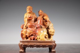 旧藏 寿山石罗汉戏兽摆件 尺寸：14-7.5-18.5 cm 重1350克