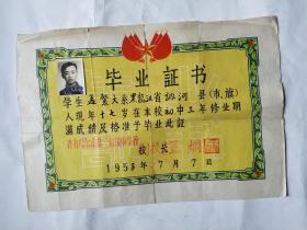 1958年齐齐哈尔第二中学毕业证书后面有成绩单8开纸大小