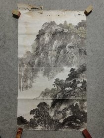 旧国画软片 佚名国画山水 原稿手绘真迹 画心软片尺寸84*48厘米（品相如图）