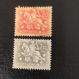 113A 葡萄牙邮票1953年迪尼兹国王的骑马者印记2枚合售 外国邮票集邮收藏手账素材信消票盖销票