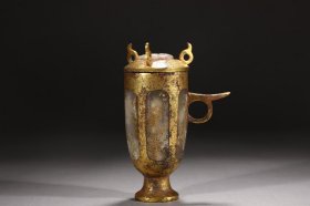 汉 铜鎏金嵌玉环耳盖杯