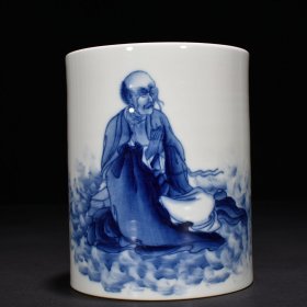 旧藏 民国竹溪道人王步青花罗汉纹笔筒三 15*12厘米