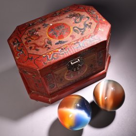 珍品旧藏收清代宫廷御藏罕见极品七彩猫眼石球一对
配老手绘漆器盒
球重单750克  直径8厘米