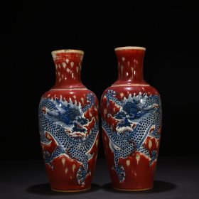 清康熙豇豆红青花龙纹瓶40*18厘米 3600