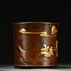 紫铜高浮雕鎏金心想事成笔筒