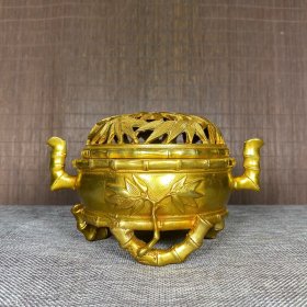 珍藏纯铜鎏金竹子香炉，高10.5厘米，长16.5厘米，重881克，