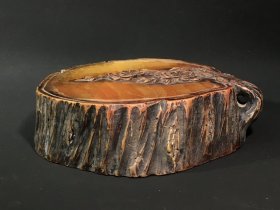 旧藏红丝砚 古木生花树桩款：水竹村人（徐世昌）