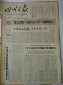 生日报报纸四川日报1966年5月19（4开四版）
彻底改造思想  永做普通一兵；
发挥人的能动作用大修水利战胜干旱；
将在最近派船接回自愿回国的受害华侨；