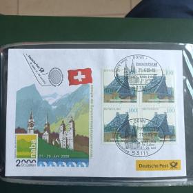 F1722外国信封 2000年瑞士圣加仑国际邮展纪念封 贴德国2000年邮票 德累斯顿蓝色奇迹大桥方联票纪念封四方联 教堂戳 1全