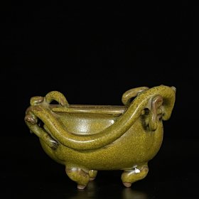 宋茶叶末鳝鱼黄釉题诗盘龙三足炉 9.5x13.5厘米DD