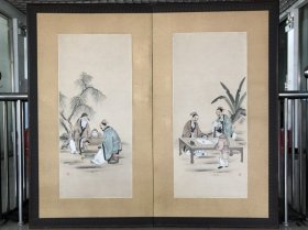 高士图，老屏风。木框纸本二折屏风画。 尺寸：单折木框部分 173/95厘米，单幅作品部分125/55 厘米 备注：年久木框难免有磨损，正面保存完好，装裱背纸有两处瑕疵，不明显，不仔细看看不出来（见尾图）。8943