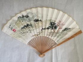 手绘9.5寸小青绿山水玉竹折扇一把01