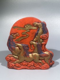 珍藏正宗徽州马到成功朱砂摆件墨，重约330g，10.6×10.6×2.2cm，