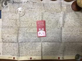 1750年3月30日 罕见的巨幅英文羊皮纸契约 尺寸约87*65公分 字体韵味足 三枚火漆印章完整 厚重感十足