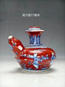 “大明宣德年制”精工细作红釉青花婴戏纹军持