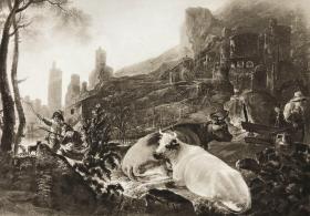 《风景，牧羊人、猎人和奶牛》—17世纪荷兰黄金时期杰出风景画家阿尔伯特·库普(Aelbert Cuyp, 1605 - 1691年)作品 20世纪初照相腐蚀凹版铜版画 纸张尺寸32.4*24.9厘米