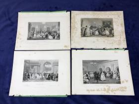 19世纪法国风情系列钢版画四幅合拍《奥尔良公爵家的晚会》《离开歌剧院》《歌剧院的演员休息室》《少年化装舞会》—法国画家Eugène Lami(1800-1890年)作品 纸张尺寸27.3*21厘米