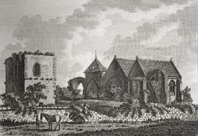 1785年原创铜版画《温切尔西的殉道者圣托马斯教区教堂，英格兰东萨塞克斯郡》—英国版画家理查德·伯纳德·戈弗雷(Richard Bernard Godfrey,1728 - 1795年)作品 纸张尺寸26.8*21厘米